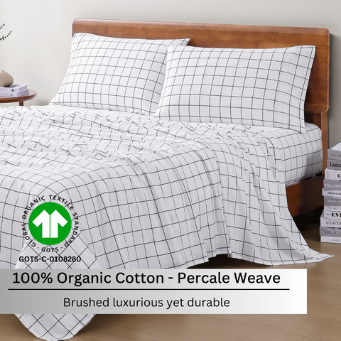 Lane Linen Bedsheet, 100% Organic Cotton Bedsheet, Percale Weave Bedsheet, Bedsheet with 2 Pillows of Windowspan Colour On a Wooden Bed