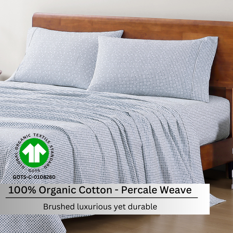 Polka Dot Blue Colour Bedsheet With 2 Pillows on A Wooden Bed, 100% Organic Cotton Bedsheet