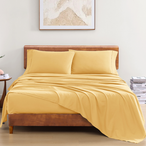 Double Bedsheet  with 2 Pillow cases on A Wooden Bed , Coooon Colour Double Bedsheet