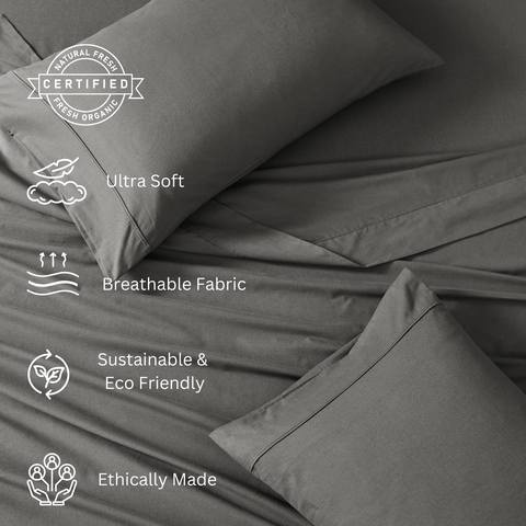 King sized Sheet, charcoal colour bedsheet & pillows, , ultra soft, breathable fabric, sustainable & durable bedsheet, ethically made