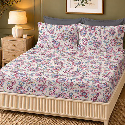 Symphony Vol 2 | 100% Cotton Sheet Set | Soft & Breathable Fabric | 3 Piece (1 Bedsheet + 2 Pillow Covers) | Super King Fitted Bed Sheet Set