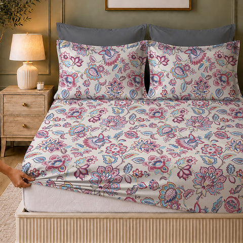 Symphony Vol 2 | 100% Cotton Sheet Set | Soft & Breathable Fabric | 3 Piece (1 Bedsheet + 2 Pillow Covers) | Super King Fitted Bed Sheet Set