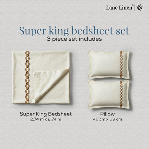 Thread Art | 100% Cotton 300TC Embroidered Bedsheet | 3 Piece (1 Bedsheet + 2 Pillow Cover) | Twisted Elegance | Super King