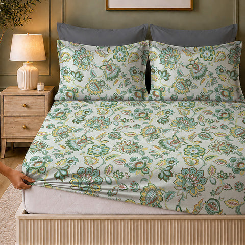 Symphony Vol 2 | 100% Cotton Sheet Set | Soft & Breathable Fabric | 3 Piece (1 Bedsheet + 2 Pillow Covers) | Super King Fitted Bed Sheet Set