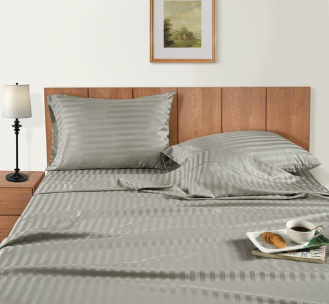 lane linen 100% egyptian cotton stripe king size bedsheet set - 800 tc, 5 Pc bedding set (1 bedsheet with 4 pillow case) - luxury satin weave cotton sheets (2.74m x 2.74m)#color_silver