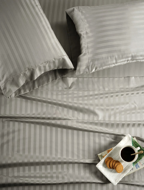 lane linen 100% egyptian cotton stripe king size bedsheet set - 800 tc, 5 Pc bedding set (1 bedsheet with 4 pillow case) - luxury satin weave cotton sheets (2.74m x 2.74m)#color_silver