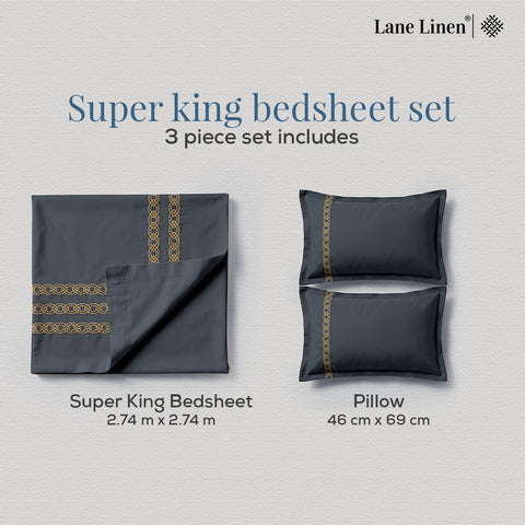 Thread Art | 100% Cotton 300TC Embroidered Bedsheet | 3 Piece (1 Bedsheet + 2 Pillow Cover) | Infinity Wave | Super King