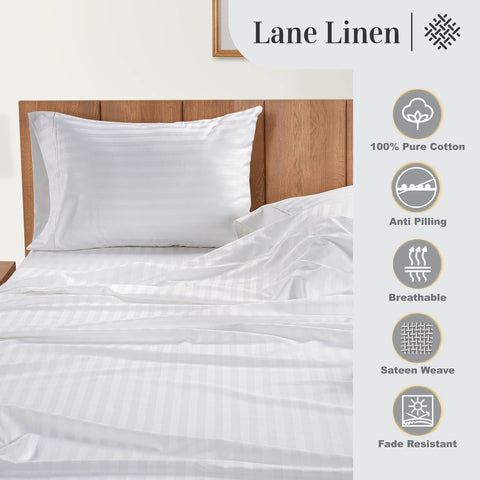 lane linen 100% egyptian cotton stripe king size bedsheet set - 800 tc, 5 Pc bedding set (1 bedsheet with 4 pillow case) - luxury satin weave cotton sheets (2.74m x 2.74m)#color_white