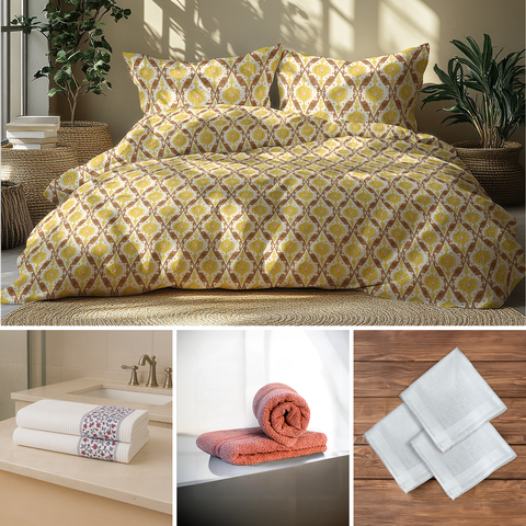 LANE LINEN Back to College Hostel Bedding & Bath Set - 100% Cotton 120TC  Set of 2 Single Bedsheet With Pillow Covers, 2 Pc Waffle Towel, 2 Pc Hand Towel, 3 Pc Handkerchiefs - Mustard Yellow
