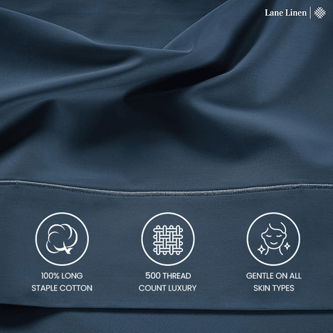 Lane Linen 500TC 100% Cotton Caligo King Flat Satin Bedsheet Set - Denim - Lane Linen