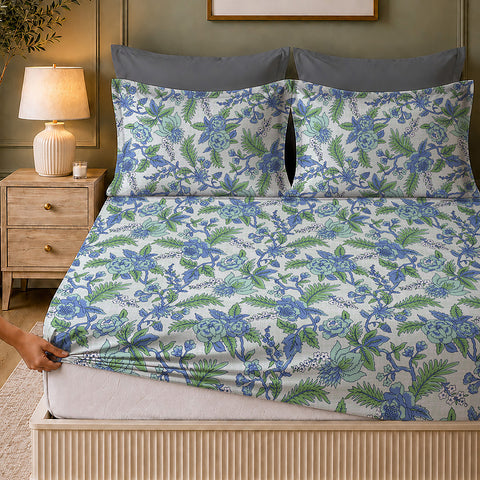 Symphony Vol 2 | 100% Cotton Sheet Set | Soft & Breathable Fabric | 3 Piece (1 Bedsheet + 2 Pillow Covers) | Super King Fitted Bed Sheet Set