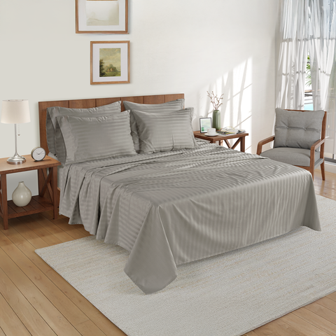 lane linen 100% egyptian cotton stripe king size bedsheet set - 800 tc, 5 Pc bedding set (1 bedsheet with 4 pillow case) - luxury satin weave cotton sheets (2.74m x 2.74m)#color_silver