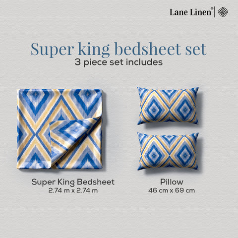 Symphony | 100% Cotton Sheet Set | Soft & Breathable Fabric | 3 Piece (1 Bedsheet + 2 Pillow Covers) | Super king Bed Sheet Set