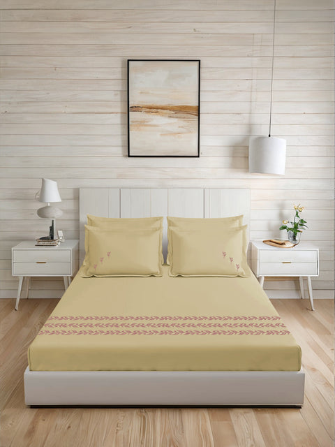 Thread Art | 100% Cotton 300TC Embroidered Bedsheet | 3 Piece (1 Bedsheet + 2 Pillow Cover) | Bell-Botta | Super King