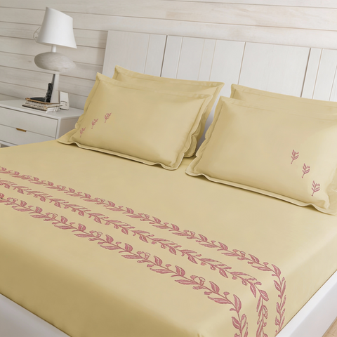 Thread Art | 100% Cotton 300TC Embroidered Bedsheet | 3 Piece (1 Bedsheet + 2 Pillow Cover) | Bell-Botta | Super King
