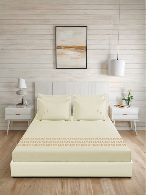 Thread Art | 100% Cotton 300TC Embroidered Bedsheet | 3 Piece (1 Bedsheet + 2 Pillow Cover) | Bell-Botta | Super King