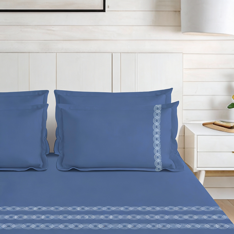 Thread Art | 100% Cotton 300TC Embroidered Bedsheet | 5 Piece (1 Bedsheet + 4 Pillow Cover) | Infinity Wave | Super King