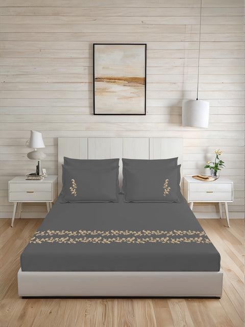 Thread Art | 100% Cotton 300TC Embroidered Bedsheet | 5 Piece (1 Bedsheet + 4 Pillow Cover) | Moonlit Flora | Super King