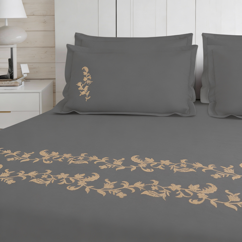Thread Art | 100% Cotton 300TC Embroidered Bedsheet | 5 Piece (1 Bedsheet + 4 Pillow Cover) | Moonlit Flora | Super King