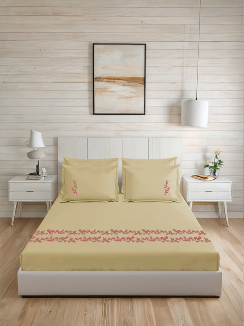 Thread Art | 100% Cotton 300TC Embroidered Bedsheet | 5 Piece (1 Bedsheet + 4 Pillow Cover) | Moonlit Flora | Super King