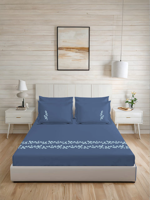 Thread Art | 100% Cotton 300TC Embroidered Bedsheet | 5 Piece (1 Bedsheet + 4 Pillow Cover) | Moonlit Flora | Super King