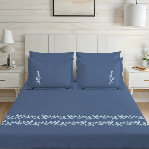 Thread Art | 100% Cotton 300TC Embroidered Bedsheet | 5 Piece (1 Bedsheet + 4 Pillow Cover) | Moonlit Flora | Super King