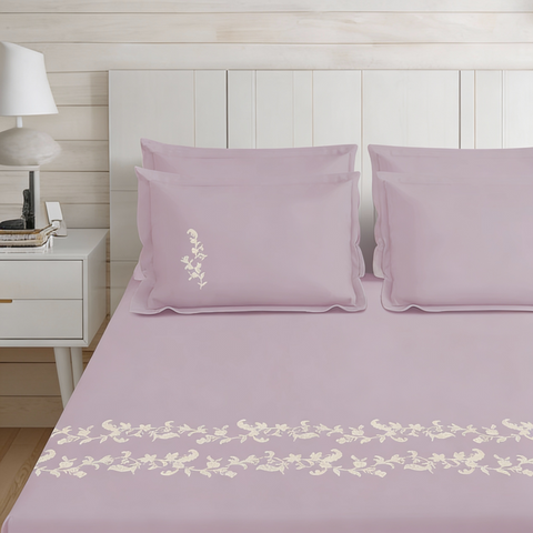 Thread Art | 100% Cotton 300TC Embroidered Bedsheet | 5 Piece (1 Bedsheet + 4 Pillow Cover) | Moonlit Flora | Super King