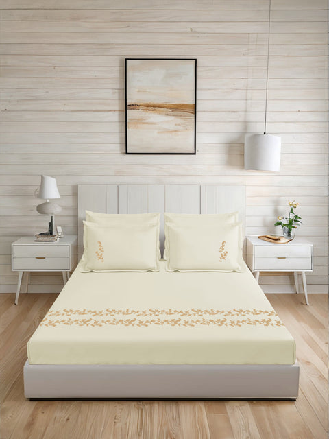 Thread Art | 100% Cotton 300TC Embroidered Bedsheet | 5 Piece (1 Bedsheet + 4 Pillow Cover) | Moonlit Flora | Super King