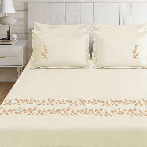 Thread Art | 100% Cotton 300TC Embroidered Bedsheet | 5 Piece (1 Bedsheet + 4 Pillow Cover) | Moonlit Flora | Super King