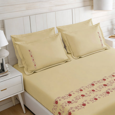 Thread Art | 100% Cotton 300TC Embroidered Bedsheet | 5 Piece (1 Bedsheet + 4 Pillow Cover) | Regal Bloom | Super King