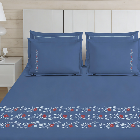 Thread Art | 100% Cotton 300TC Embroidered Bedsheet | 5 Piece (1 Bedsheet + 4 Pillow Cover) | Regal Bloom | Super King