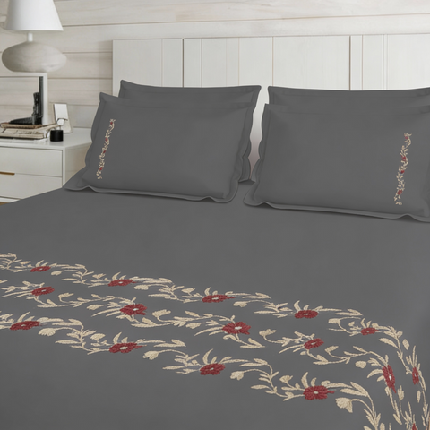 Thread Art | 100% Cotton 300TC Embroidered Bedsheet | 5 Piece (1 Bedsheet + 4 Pillow Cover) | Regal Bloom | Super King