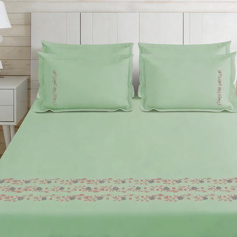 Thread Art | 100% Cotton 300TC Embroidered Bedsheet | 5 Piece (1 Bedsheet + 4 Pillow Cover) | Regal Bloom | Super King