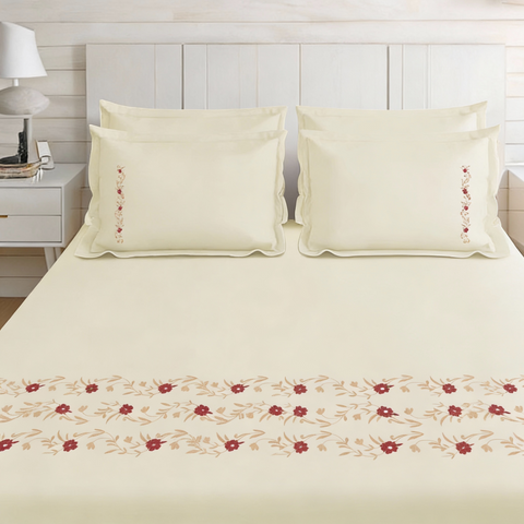 Thread Art | 100% Cotton 300TC Embroidered Bedsheet | 5 Piece (1 Bedsheet + 4 Pillow Cover) | Regal Bloom | Super King