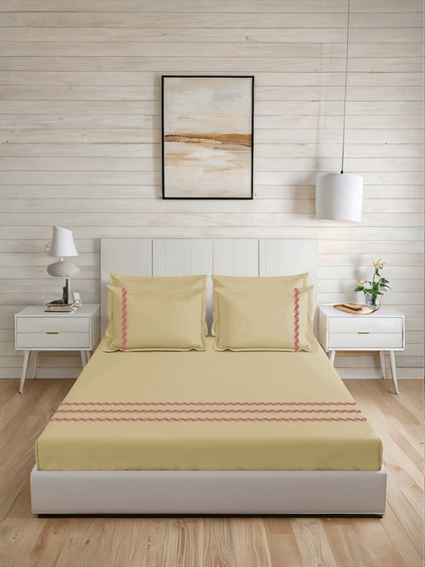 Thread Art | 100% Cotton 300TC Embroidered Bedsheet | 3 Piece (1 Bedsheet + 2 Pillow Cover) | Twisted Elegance | Super King