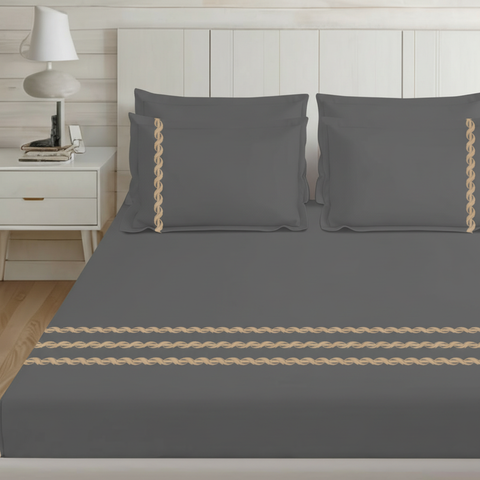 Thread Art | 100% Cotton 300TC Embroidered Bedsheet | 3 Piece (1 Bedsheet + 2 Pillow Cover) | Twisted Elegance | Super King