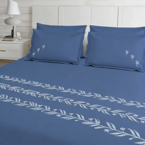 Thread Art | 100% Cotton 300TC Embroidered Bedsheet | 3 Piece (1 Bedsheet + 2 Pillow Cover) | Bell-Botta | Super King