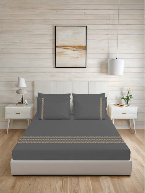 Thread Art | 100% Cotton 300TC Embroidered Bedsheet | 5 Piece (1 Bedsheet + 4 Pillow Cover) | Infinity Wave | Super King