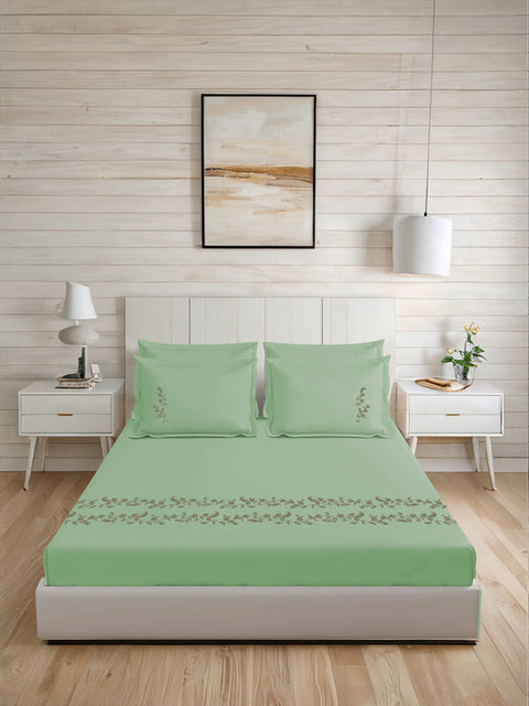 Thread Art | 100% Cotton 300TC Embroidered Bedsheet | 5 Piece (1 Bedsheet + 4 Pillow Cover) | Moonlit Flora | Super King