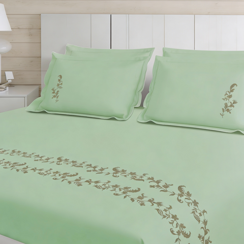 Thread Art | 100% Cotton 300TC Embroidered Bedsheet | 5 Piece (1 Bedsheet + 4 Pillow Cover) | Moonlit Flora | Super King