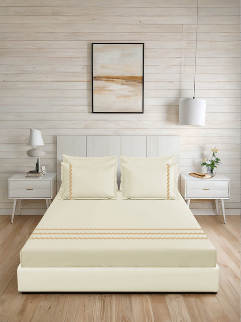Thread Art | 100% Cotton 300TC Embroidered Bedsheet | 3 Piece (1 Bedsheet + 2 Pillow Cover) | Twisted Elegance | Super King